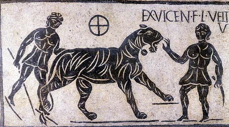 Domadores de tigres en las paredes del Coliseo - Mosaico Romano