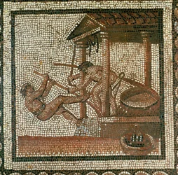 Dos hombres prensando aceite (mosaico)