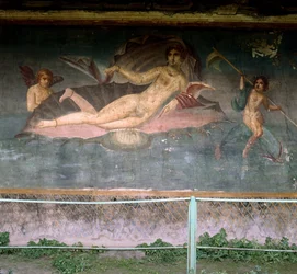 Venus descansando en la concha. Casa de Venus, Pompeya, Italia. Fresco.