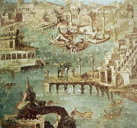 Vista del puerto de la ciudad Campana (Pozzuoli) en Italia, fresco de Stabia.