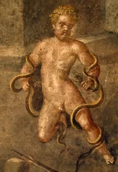 Heracles joven estrangulando serpientes, detalle del fresco del oecus de la Casa de Vettii, Pompeya (Lista del Patrimonio Mundial de la UNESCO