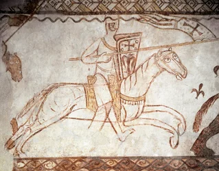 Cruzada: Caballero de la Orden de los Templarios. Arte románico. Fresco de la capilla de Cressac (Cressac-Saint-Genis en Charente)