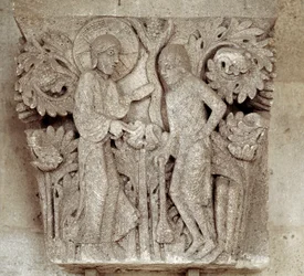 Dios y Caín (capitel tallado)