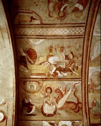 Arte románico: interior de la Abadía de Saint-Savin-sur-Gartempe en Viena (Francia), fundada por Carlomagno (1060-1115). Pintura mural en el techo alrededor de 1100. Fresco.