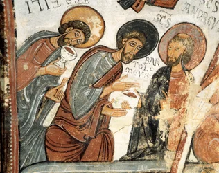 Arte románico: los apóstoles Felipe, Bartolomé y Andrés. Fresco del Voto de la Cena, Iglesia de San Isidoro siglo XII Real Colegiata de San Isidoro, León