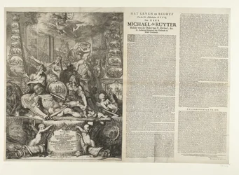 Alegoría de la muerte de Michiel de Ruyter, 1676 La vida y los negocios de Ed: Manhaften Heer, Den Heer Michaël de Ruyter Caballero de la Orden de San Miguel, &c. teniente Almirante General van Hollandt y West-Vrieslandt (título sobre el objeto)