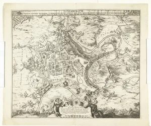 Bombardeo van Luxemburg puerta de maarschalk de Créquy, 1684 Luxemburgo, plomo. apellido metrópoli un principe chimaceno esfuerzo definitivamente registro Pero las armas de la Galia lo ocuparon. 4 de junio Año. 8834 (título sobre objeto)