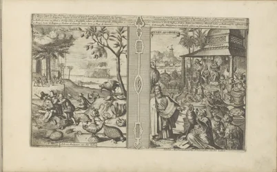 Bomen, dieren en noten; Verering van godsbeelden Mangas Nooten / Árboles, Animales, etc. de la India // Tyden, Afgoden / Ídolos, matemáticos, filósofos, etc. de la India (título sobre el objeto) Las Indias Orientales y Occidentales y otros lugares (título 