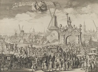 Entrada de Guillermo III en La Haya Inhalando van S.K. Maj. aende Westeynder brug door..., 1691