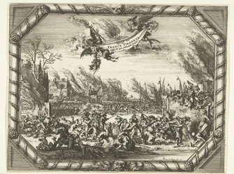 Atrocidades francesas en Bodegraven y Zwammerdam, 1672 Spiegel der France Tirannye declaró en el Hollantsche Dorpen (título sobre el objeto)