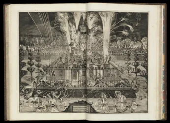 Gran espectáculo de fuegos artificiales. De "El regreso triunfal de su Majestad Británica a Holanda" (CBL AL 146, pl.67)