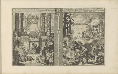 corte del emperador tártaro; Tapoeiers brasileños preparan su comida Tartarische Keyzer / Empereur des Tartares et sa magnificence // Brasiliaensche Clothing / Brasiliens, Tapuyers, etc. (título sobre el objeto) Les Indes Orientales et Occidentales et autr