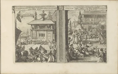 Koophandel japonés; Hof van de koning van de Calaminhans Japanse koophandel / Comercio de Japón // Calaminhans Eer Pracht / Magnificencia del rey Calaminhan, en las Indias Orientales (título sobre objeto) Las Indias Orientales y Occidentales y otros lugare