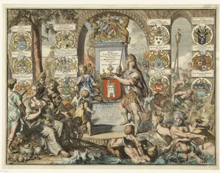 Impresión de título Caartboeck van Voorne, 1701 Voorne Caart-Boeck de todos los pueblos y pólderes ubicados en East Lande y West Voorne (...) 7 de junio de 1695. Como cuando Bailliuw y Leenmannen eran los Heeren anteriores y adyacentes. (título en el objet