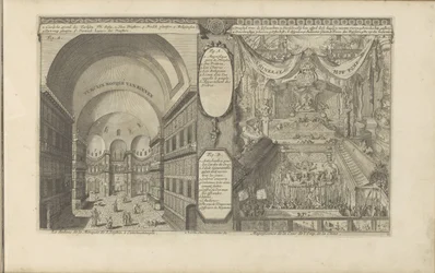 Mezquita Turkse en Constantinopel; Keizerlijkhof en China Turksche se burla de van binnen / El interior de la Mezquita de Santa Sofía, en Constantinopla // Chineese Hof Pomp / Magnificencia de la Corte de Emp. de China. (título en el objeto) Las Indias Ori