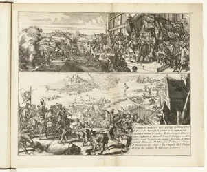 Dos representaciones del asedio de Amberes por el duque de Parma, 1584-1585 Commencement du siege d