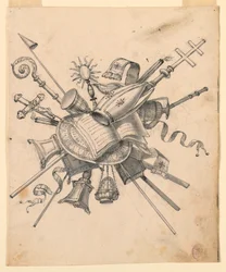 Dibujo, Trofeo con objetos eclesiásticos, 1830-1850