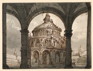Diseño de escenario, atrio con el templo de los hospitalarios para la ópera "La Straniera" de Vincenzo Bellini