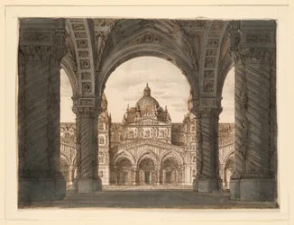 Diseño de escenario, fachada de iglesia desde una logia, I due Valdomiri de Felice Romani, música de Pietro de Winter. Representado en La Scala, Milán, 1818