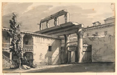 Diseño de escenario, corte entre ruinas