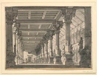 Diseño de escenario, salón en un palacio babilónico para la ópera "Ciro en Babilonia" de Gioacchino Rossini