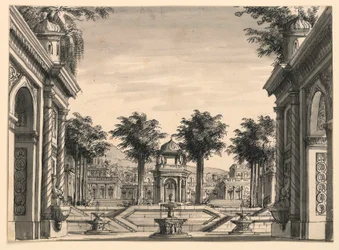 Diseño escénico, jardín del palacio indio para el ballet "Genghis Khan" de Luigi Henry