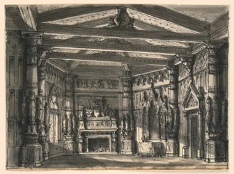 Diseño de escenario, interior de salón gótico
