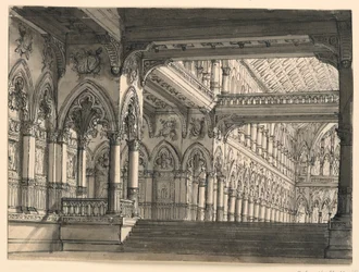 Diseño escénico, interior de salón gótico