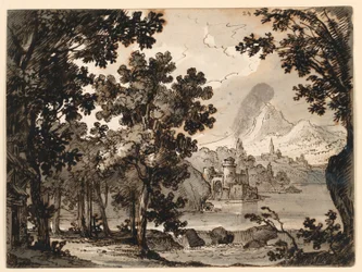 Diseño de escenario: Paisaje con cabaña, para la ópera La Straniera