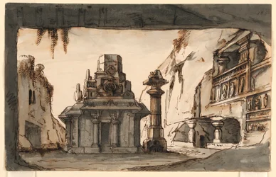 Diseño de escenario, edificios orientales entre cuevas y rocas