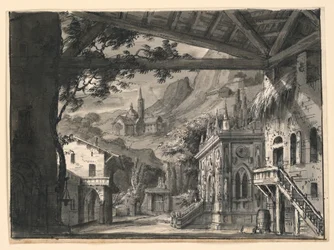 Diseño de escenario: Pueblo en paisaje montañoso, para L
