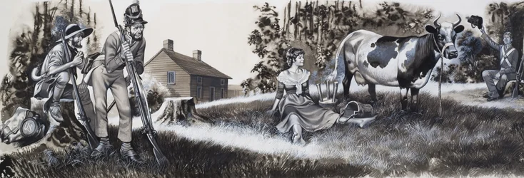 Lechera con soldados (gouache sobre papel)