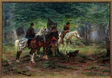 Jinetes sorprendidos por la lluvia, siglo XVII. En un bosque, hombres a caballo se refugian bajo un árbol esperando que deje de llover.