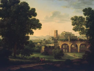 Paisaje con ruinas y caminantes