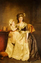 Retrato de una dama, sentada de cuerpo entero junto a una mesa, con su hija, sosteniendo un ramo de flores