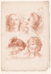 Cuatro cabezas de mujer en diferentes poses
Principios del dibujo del natural, tercera parte (título de la serie)
III Cahier de Principes du Dessin d