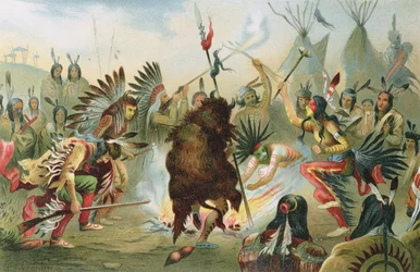 Danza de guerra de los Sioux, de La Historia de la Humanidad por el Prof. Friedrich Ratzel, pub. en 1904