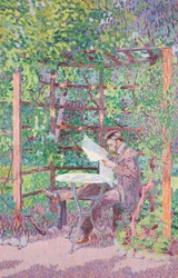 Hombre leyendo en un cenador