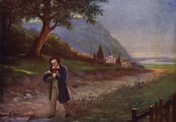 Beethoven en su paseo matutino por el barrio vienés de Kahlenbergerdorf (litografía en color)