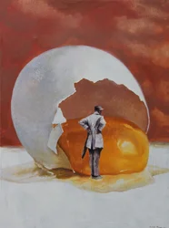 El hombre surrealista y el huevo gigante