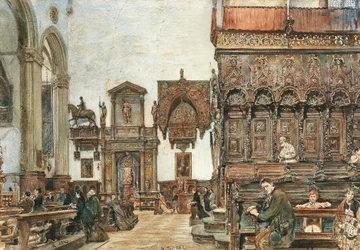 El interior de la Basílica de Santa Maria Gloriosa dei Frari en Venecia con oraciones en la sillería del coro
