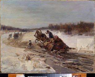 Días gordos (Carnaval). Un hombre y una mujer cantando y sonriendo en un trineo. Celebran el período anterior al inicio de la Cuaresma durante el cual se come grasa. Pintura de Rudolf Ferdinandovich Frenz (1831-1918), óleo sobre lienzo