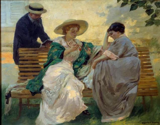 Un buen momento: "La charla" Grupo de burgueses leyendo en un banco por Rupert Bunny (1864-1947) 1885