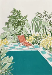 Relajante jardín junto a la piscina