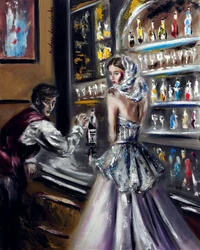 Una mujer con velo en el bar, 2022 (óleo sobre lienzo)