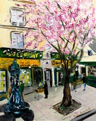 Cerezos en flor en Shakespeare and Co París - con adornos dorados, 2023 (óleo sobre lienzo)