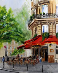 Paris Corner Cafe - con adornos dorados, 2023 (óleo sobre lienzo)