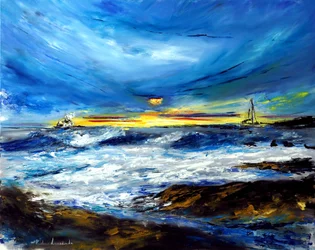 Puesta de sol sobre un océano en Hawai, 2022 (óleo sobre lienzo)