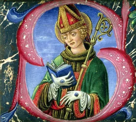 Inicial historiada S que representa a un santo obispo, c.1470