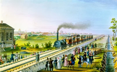 Apertura de la primera línea ferroviaria de San Petersburgo a Pavlovsk, Rusia, años 1830